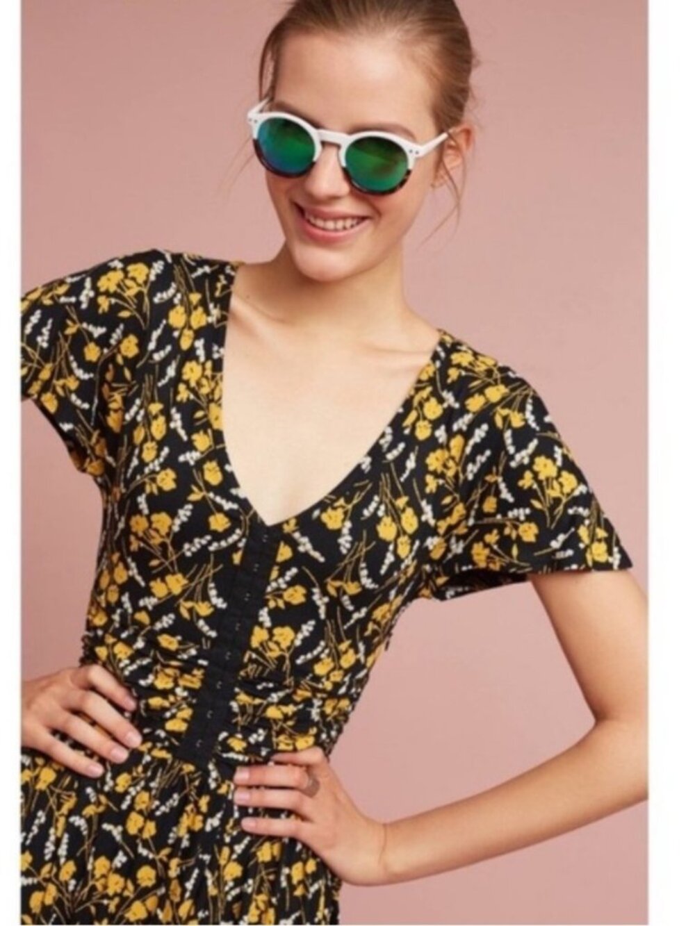Anthropologie SUMMER BREEZE Floral Maeve Midi Dress XL black yellow corset Y2K